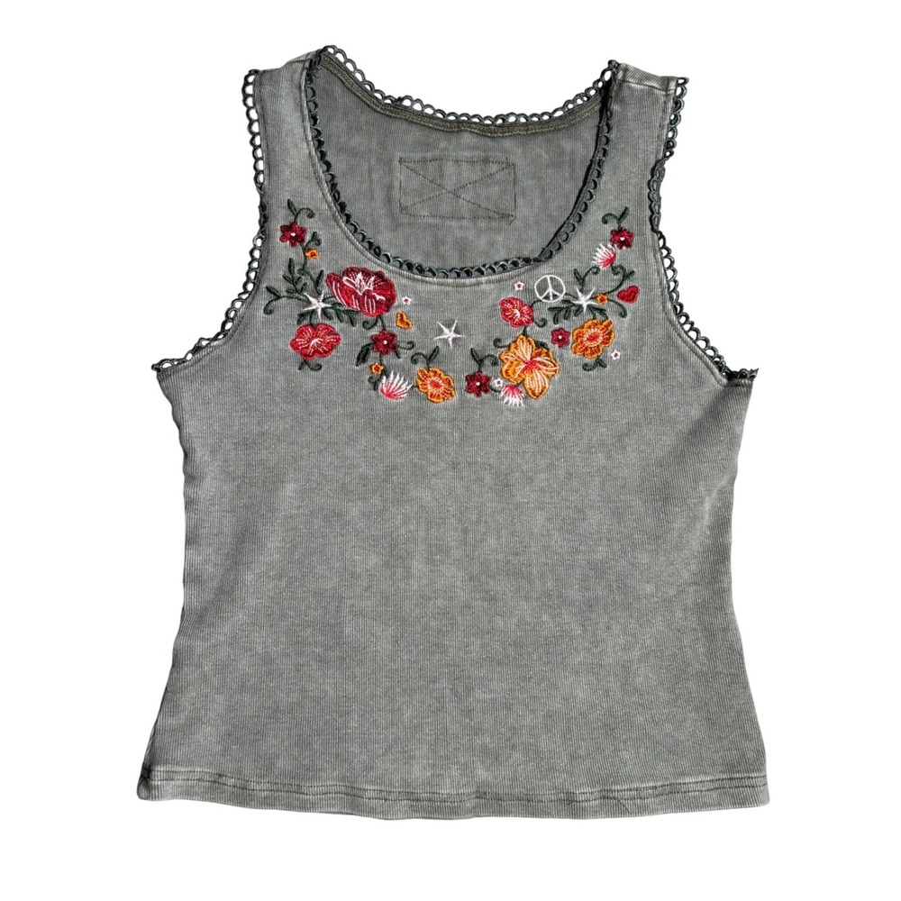 Boho Y2K Floral Embroidered Ribbed Tank Top Sage Green Mineral Wash Lace Trim L